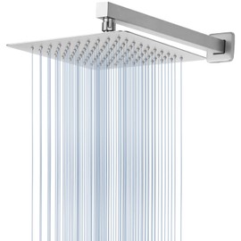 Voolan All Metal Shower Head with Extension Arm, Stainless Steel Waterfall Rainfall Showerheads, High Flow Bathroom Square Rain Shower Head (10’’ Shower Head with 16’’ Shower Arm, Chrome)