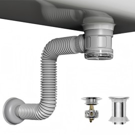 Bathroom Sink Drain Kit with Flexible Expandable Pipe: Odor-Free & Backflow-Preventing, Space-Saving Design without a P-trap, For 1-1/4'' & 1-1/2'' Drain Hole (Chrome, With Overflow)