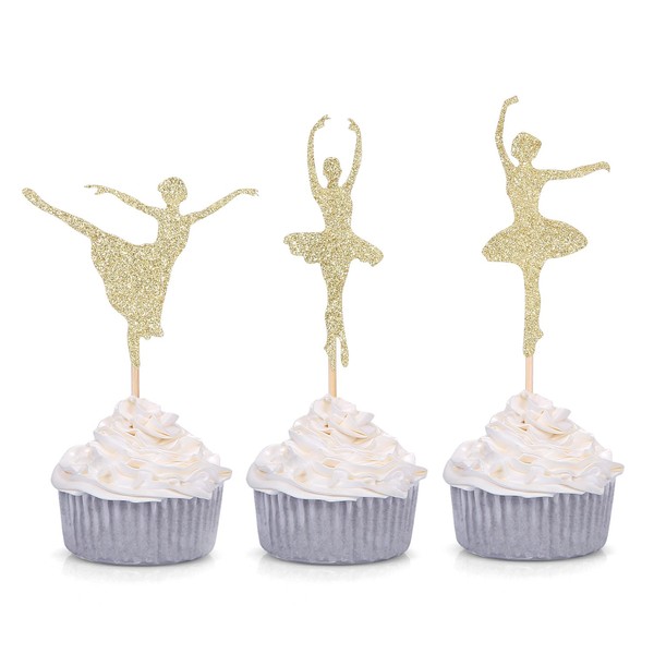 Giuffi - 24 Decoraciones para Cupcakes, diseño de Bailarina con Purpurina, Color Dorado