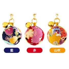 Flower Crepe Bell (Diameter 1.0 inch (25 mm), 0.3 inch (8 mm), Japanese Pattern Crepe, Key Chain, Large, Large Bell, Set 2 (Indigo, Red, Yamabuki)
