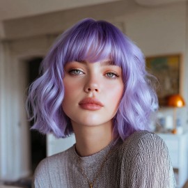 Smilco 2025 Fashion Ladies Purple Wavy Hair Wig Thick Wavy Bangs Suitable for Daily Wear and Role-playing Styling SM210-9.color: Purple BOB, Stretched Length: 16 Inches