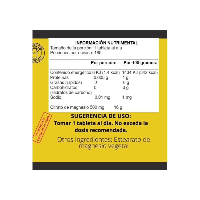 Citrato de Magnesio mejor absorción 500 mg suministro 180 días