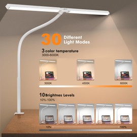 LED Desk Lamp Double Head, Eye-Caring Architect Desk Lamps for Home Office,3 Lighting Modes & 10 Level Brightness Adjustable Gooseneck Clamp Desk Light (White)