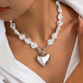 Chunky Pearl Necklace for Women Gold Big Heart Necklaces Baroque Pearl Heart Puffy Necklace Gold Statement Jewelry Gift (Silver)