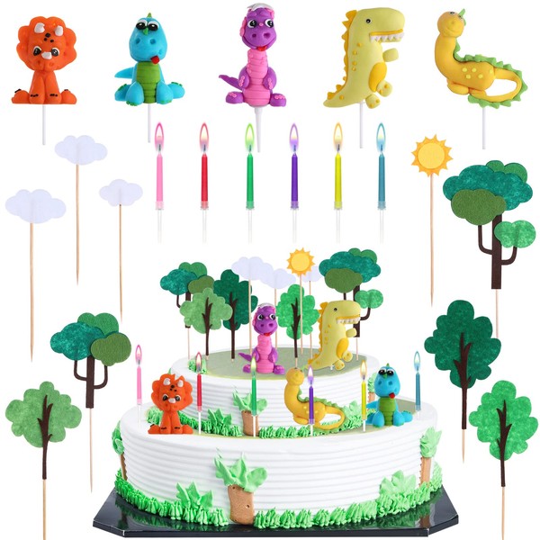 14 decoraciones para tartas de dinosaurio con 12 velas de cumpleaños coloridas de dinosaurio, decoración de cupcakes, serie bosque, decoración de pasteles de dinosaurio, para niños y niñas, temática de selva, cumpleaños, baby shower, suministros para fie