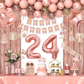 24th Birthday Decorations for Women Girls, Happy 24 Birthday Decorations for Her, Rose Gold Birthday Party Supplies with Banner, Number Balloons, Fringe Curtains, Hanging Swirls, Foil Balloons
