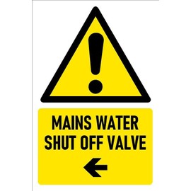 Mains water shut off valve, arrow pointing left, safety sign - 3mm Aluminium sign (200mm x 150mm)