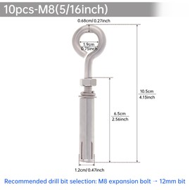 10 Pack M8 Concrete Eye Bolt, 5/16" 105mm Shoulder Eyebolt Screw Stainless Steel Wall Concrete Brick Anchor, Heavy Duty Eyebolts Expansion Lifting Ring Bolts Fastener