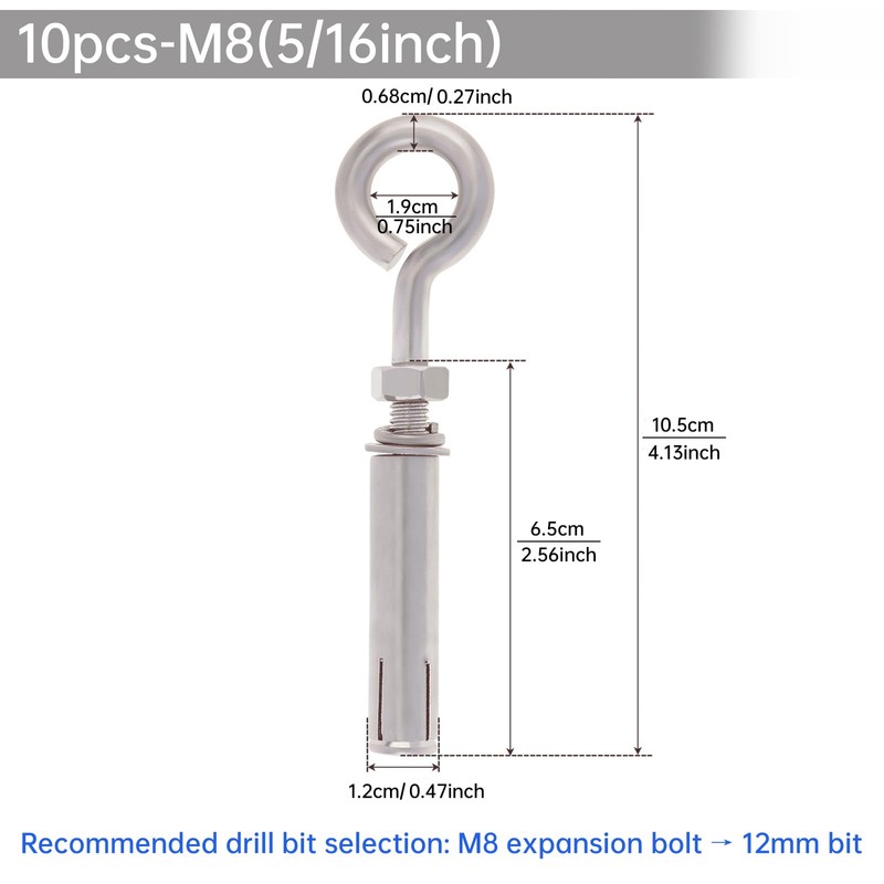 10 Pack M8 Concrete Eye Bolt, 5/16" 105mm Shoulder Eyebolt