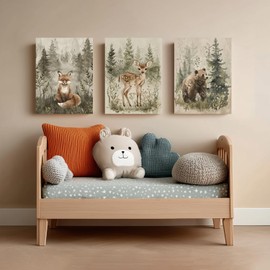 kilamino Framed Woodland Animal Nursery Wall Art, Cute Fox Bear Deer Wall Decor, Neutral Wildlife Animal Art Prints, Funny Nature Forest Animal Canvas Paintings for Baby Room Playroom 12"x16"x3