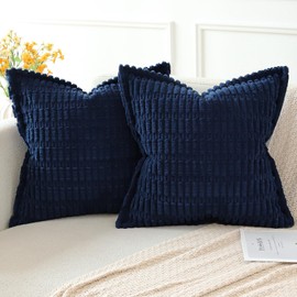 Artscope Dark Blue Cushion Covers Set of 2 Corduroy Decorative Square Striped Pillowcase with Stitched Edge Pillow Covers 45x45cm for Home Decor Sofa Bedroom Car