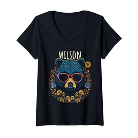 Wilson NC Fun Bear Wearing Glasses Flowers Design V-Neck T-Shirt