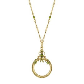 1928 Jewelry Olivine Crystal Floral Brass-Tone Magnifying Glass Pendant Necklace For Women, 30 Inch Long - Magnification Power: 2X, Multifunctional Magnifier Accessory Perfect For Reading Menus, Labels, Books, Magazines And Great For Librarians, Elderly,