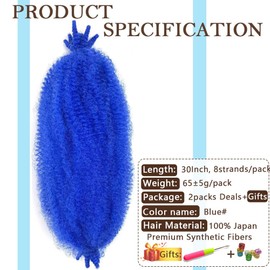 Afro Twist Hair Pre Separated Springy Afro Twist Hair Pre stretched Wrapping Hair for Soft Locs Afro Spring Twist Hair Marley Twist Braiding Hair Extensions (30 Inch (Pack of 2),BLUE#)