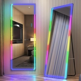 LVSOMT RGB LED Mirror, Full-Length Mirror with Lights, 63 X 22 Floor Mirror, Full Body Lighted Mirror, Free Standing x Wall Mounted, Large Full Size Stand up Mirror for Bedroom Living Room - Color: Black, Size: 63x22