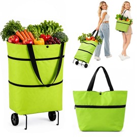 Foldable Shopping Bag with Wheels, 2-in-1 Foldable Shopping Cart, Ultra-Light 0.88 lbs Waterproof Oxford Rolling Tote