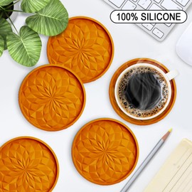 ME.FAN Silicone Coasters [6 Pack] Coasters with Holder - Drinking Coasters - Cup Mat for Drinks - Live for Hot or Cold Drink Thickened, Non-Slip, Non-Stick, Deep Tray Orange