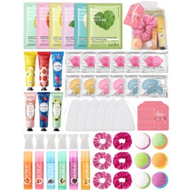Jutqut 60PCS Spa Party Supplies for Girls, Include Facial Masks, Lip Mask, Under Eye Patches, Lip Balm, Foot Bath Bombs, Hand Cream, Compressed Towel, Hair Band, Sleepover Party Supplies for Girls