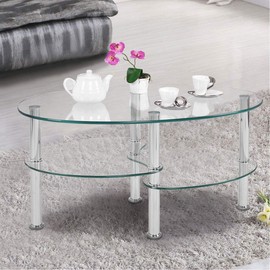 Casart Glass Coffee Table 2-Tire Modern Oval Smooth Glass Tea Table End Table for Home Office with 2 Tire Tempered Glass Boards & Sturdy Chrome Plated Legs