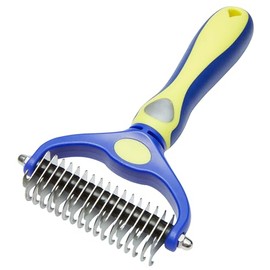IQUALITE Pet Grooming Rake - Dual-Sided Dematting & Deshedding Tool for Dogs & Cats - Dog Grooming Brush, Dog Brush for Shedding, Cat Brush, Blue