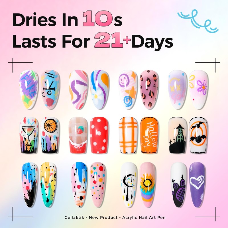 GELLAKTIK 18 Colors Nail Art Pens Set, 3D Nail Polish