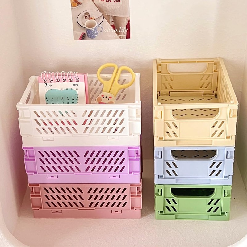 Mini Folding Plastic Basket for Storage 4 PCS，Mini Storage Crates