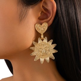 1Pair Vintage Sunflower Tassel Drop Earrings Summer Beach Metal Heart Piercing Earrings Bridal Wedding Drop Earrings Statement Flower Stud Jewelry for Women, Medium, Metal, No Gemstone