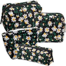 Women's Cosmetic Bag Set with Daisy Design - (4 Sizes, 4 Models) - Sustainable & Washable Cotton Cosmetic Bag Small - Makeup Organiser for Travel, Weekend and Everyday Use, black, Fashionable