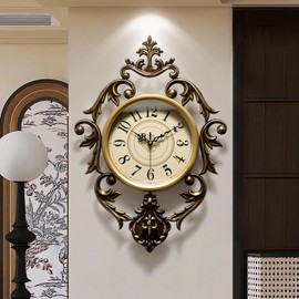 Vintage Wall Clock, Antique Decor, Battery Operated,Non Ticking European Style Metal Wall Clock, 26" x 19" Decorative Retro,Bedroom/Living Room/Kitchen