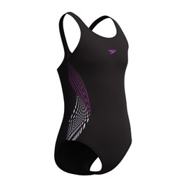 Speedo Girl's Placement Muscleback One Piece, Black/Diva, 11-12 Years