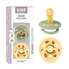 BIBS Colour Studio Soother 2-Pack, BPA Free Dummy Pacifier, Round Nipple. Natural Rubber Latex, Made in Denmark, Size 2 (6-18 Months), Sage/Pale Butter