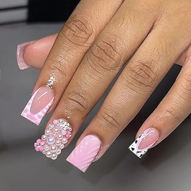 Pink Press on Nails Medium Square MABKJLF French Tip Fake Nails 3D False Nails with Designs Flower Pearls Water Ripple Cow Print Glossy Glue on Nails Acrylic Nails for Women Girls 24 Pcs