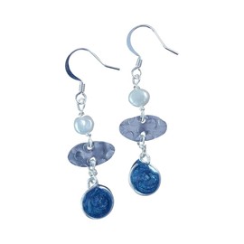 Beads by Bettina Handmade Lightweight Silvertone Small Oval With Denim Blue Resin and Pearl Drop Earrings