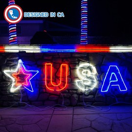 Russell Decor Patrioitc Yard Sign USA and Star Lights with 10-Levels of dimmable Light Remote Control for 4th of July (Red White Blue 72'' x 22'')