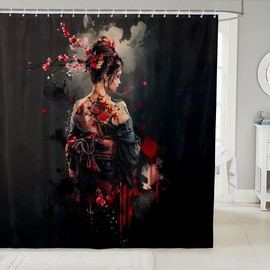 Jejeloiu - Cortina de ducha de geisha japonesa de 72 x 72 pulgadas, cortina de baño con flores de cerezo rojo para niños, niñas, adolescentes, japonés, Ukiyoe, juego de cortina de ducha impermeable,