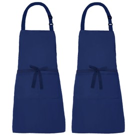 MissOwl 2 Pack Adjustable Bib Apron Long Ties with 2 Pockets Thicker Canvas Water Resistant Kitchen Cooking Baking Chef Aprons for Women Men Navy Blue