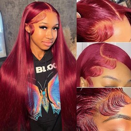 AUOU 13x4 Straight Lace Front Wigs Human Hair 26 Inch 200 Density 99j Burgundy Lace Front Wigs Human Hair Glueless Wig Pre Plucked Wine Red Colored Lace Frontal Wigs for Women