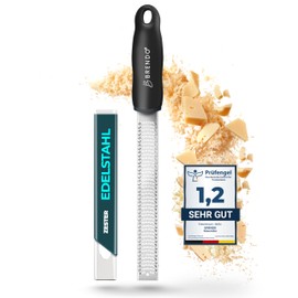 Brendo Premium Käsereibe Schwarz I scharfe Edelstahlklinge I Knoblauchreibe, Muskatnuss Reibe, Zitronenreibe, Ingwerreibe, Parmesanreibe I Fingerschutz, Schutzhülle & Reinigungsbürste
