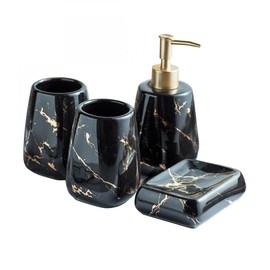XUDREZ Bathroom Accessory Sets, Marble Look Bath Accessories Set, Includes Soap Dispenser Pump, Divided Toothbrush Holder, Tumbler Rinsing Cup, Storage Canister (Shiny Black 4-Piece Bathroom Set)