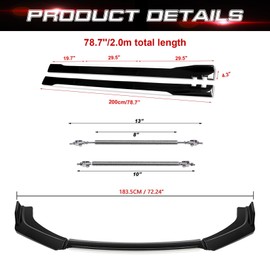 Xotic Tech Front Bumper Lip Chin Spoiler+ 2M Side Skirt Winglets Diffusers+ Adjustable 10"-13" Support Rod Universal Fit Most Vehicles, Glossy Black w/White