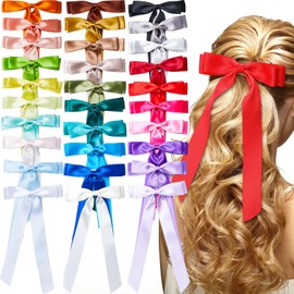 Mimorou 30 Pcs Hair Bows Bulk for Women Silky Satin Hair Clip Bow Knot Ponytail Holder Slides with Long Tails French Barrette Metal Clips Pins Ribbon Accessories