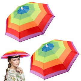 Fonyet 2 Pieces Umbrella Hat Parasol Hat Foldable Umbrella Head Camouflage Umbrella Hat with Adjustable Elastic Band for Golf, Fishing and Gardening, Arcobaleno
