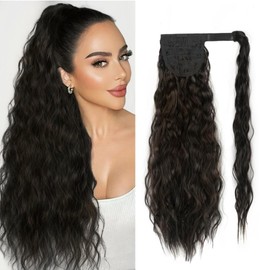 tonebesift Long Corn Wave Ponytail Extension 22inch Clip in Curly Wavy Pony Tail Wrap Around Hairpieces for Women(Black Brown #2)