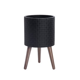 D'vine Dev 10 Inch Modern Geometric Tile Patterned Sleek Planter Pot with Stand, Indoor Outdoor Decorative Plant Holder, Matte Black, 88-Z-B-2