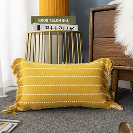 LIGICKY Decorative Boho Lumbar Tassel Throw Pillow Covers Rectangle Woven Cotton Cushion Cover Striped Pillowcases for Couch Sofa Bedroom Living Room, Yellow and White 30 x 50 cm