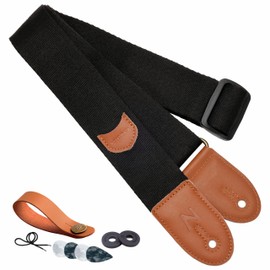 Nefelibata Guitar Strap – Cotton Guitar Straps with First Layer Cowhide Leather Ends and Pick Bag – for Electric Guitars, Set Includes 1 Strap Button, 2 Strap Locks and 4 Picks (Black)