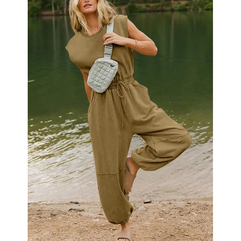 Kissonic Jumpsuits for Women Casual Crewneck Cap Sleeve Drawstring Romper