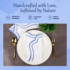 Scalloped Embroidery Cloth Napkins Premium Quality Table Decor Spring and Summer 100% Cotton Reusable Washable Napkin -18 x 18 inch (White Napkin with- Light Blue Edges, Pack of 6)