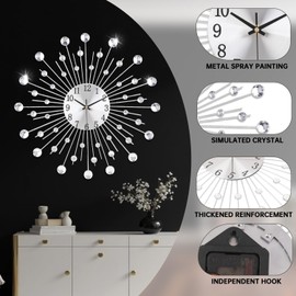 SIN&MI Large Wall Clock for Living Room Decor Non-Ticking Quiet Metal Quartz Clocks Modern Dial Bling Big Diamond Wall Clocks for Home Kitchen Bedroom Indoor Decorative /20 Inch