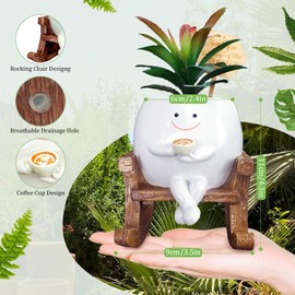 Cute Smiley Face Planter Pot, Funny Coffee Plant Pots with Thank You Card for Indoor, Unique Rocking Chair Planters for Succulents Cactus Live with Drainage Hole for Plant Coffee lover Gifts (White)
